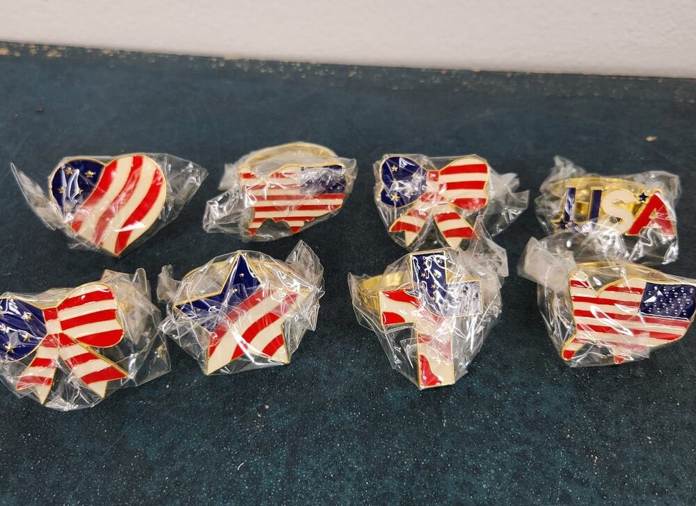 Patriotic USA flag Metal Napkin Rings Set of 8 4th of July Decor Americana